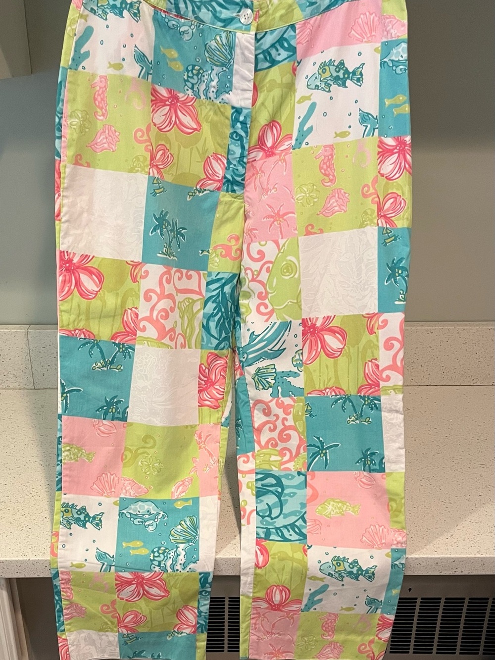 Lilly Pulitzer Patchwork Beach-Print Cropped Pants in Pink, Aqua, Lime & White